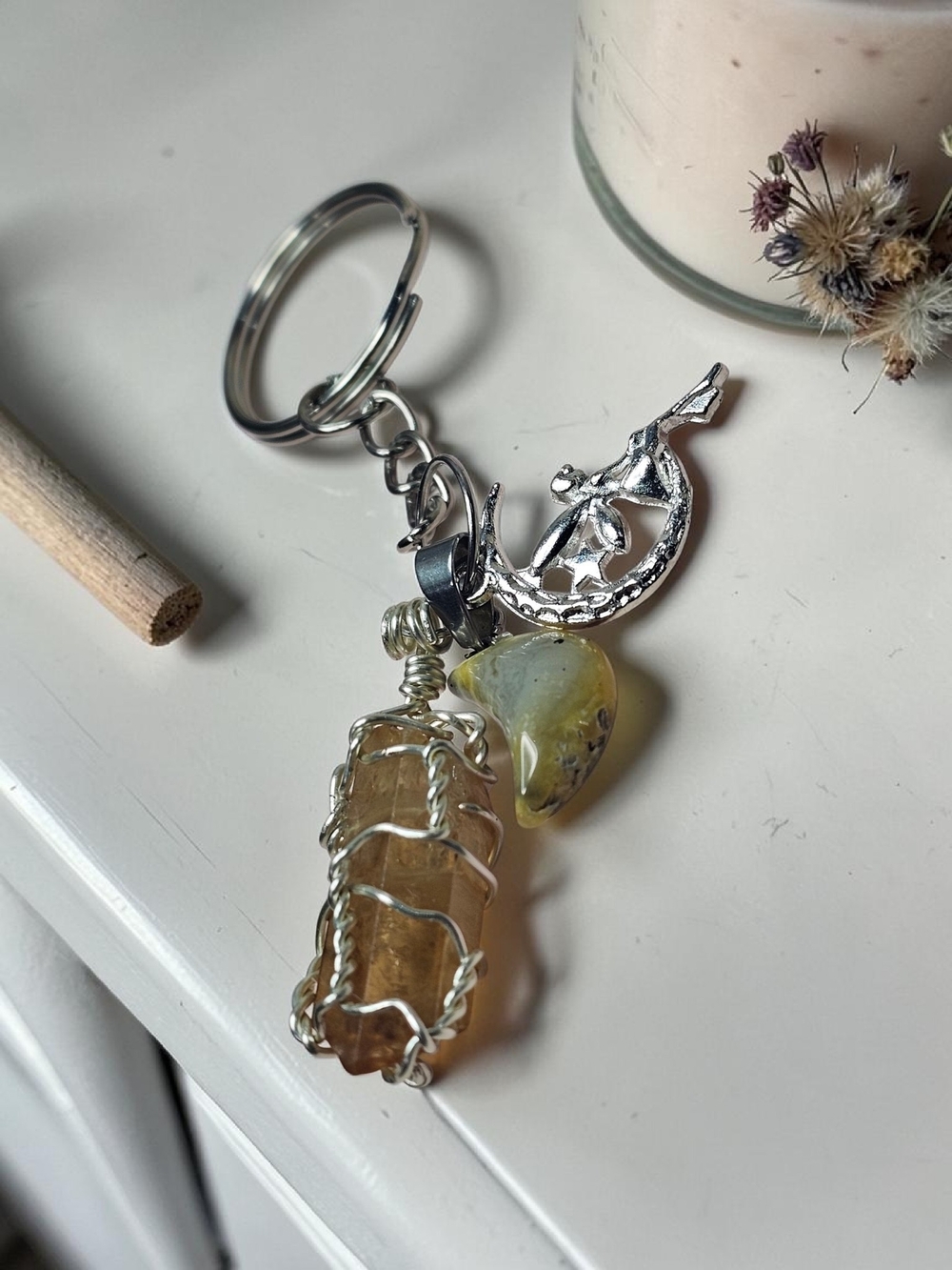 Moon & Wire-Wrapped Crystal Keychain with Yellow-Green Stones